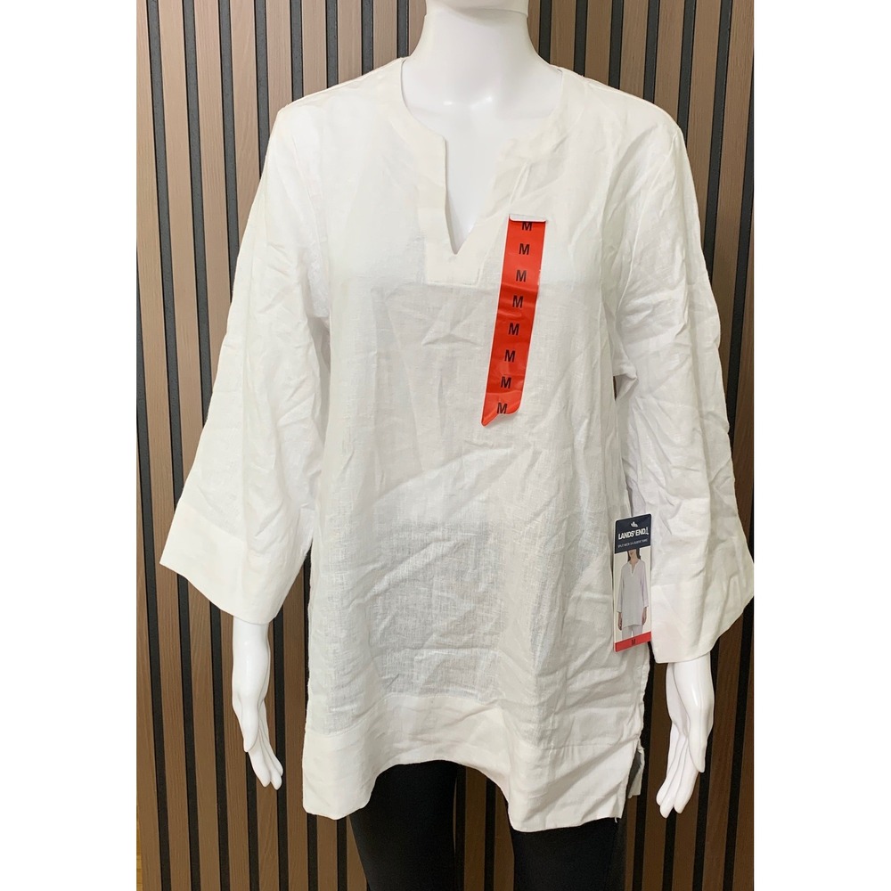 Lands End Women's White Linen Blend Split Neck 3/4 Sleeve Tunic Top Medium NEW